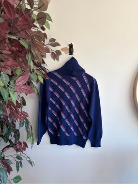 Roper vintage wool blend Navy Turtleneck Sweater with Diagonal Stripe Detail